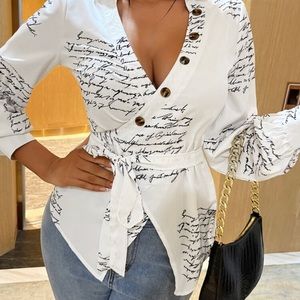 Letter Graphic Wrap Belted Blouse